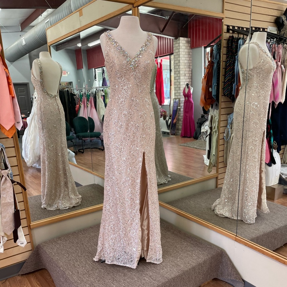 - Lite Gold Formal Gown by Night Moves size 6 just lowered to $198 what a still